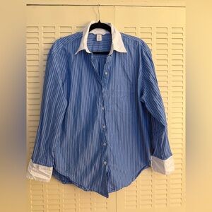 H&M Blue White Stripe Button Down Shirt Contrast Collar Oversized Size S